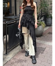 ギャザーアシンメトリーロングワンピース