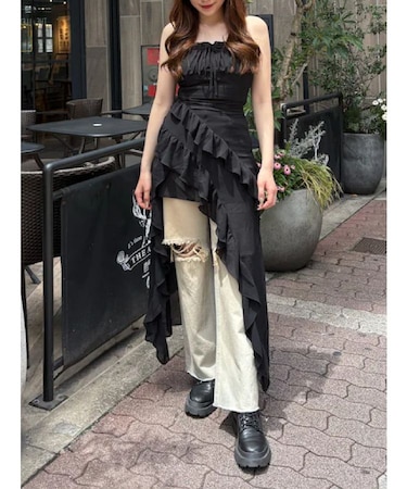 ギャザーアシンメトリーロングワンピース