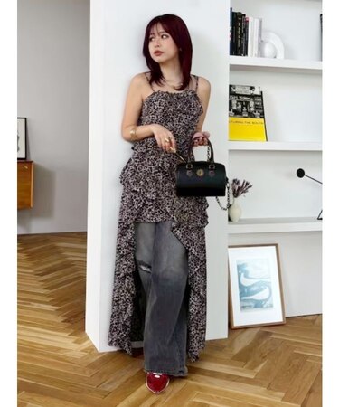 ギャザーアシンメトリーロングワンピース