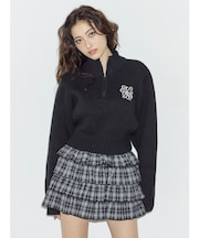 ワンポイントハーフジップショートニットトップス