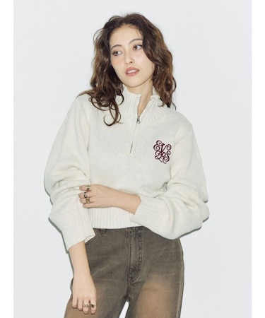 ワンポイントハーフジップショートニットトップス