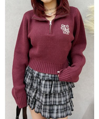 ワンポイントハーフジップショートニットトップス