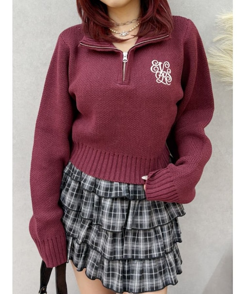 ワンポイントハーフジップショートニットトップス