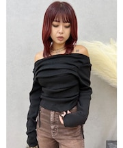 サイドドロストオフショルニットトップス