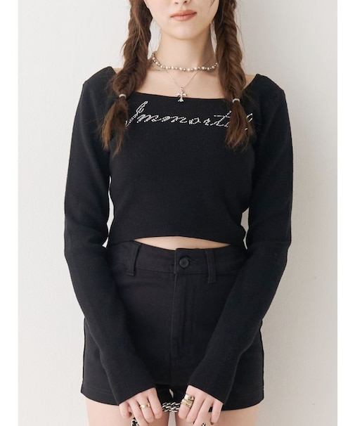 ラインストーンロゴニットトップス