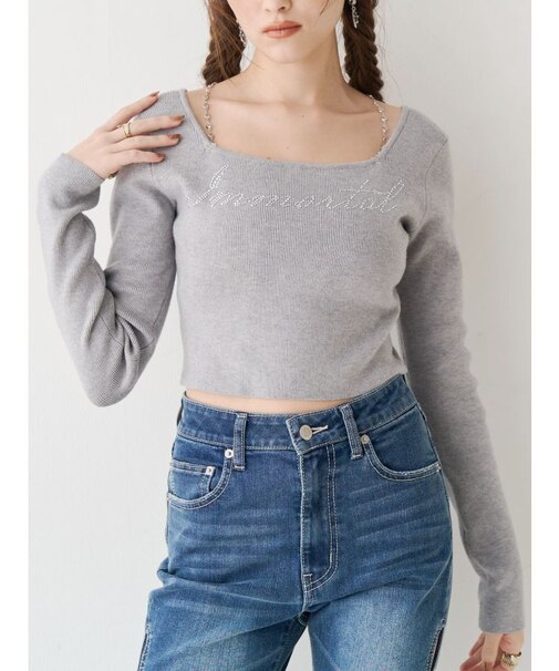 ラインストーンロゴニットトップス