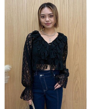 フロントリボンレースクロップドシャツ