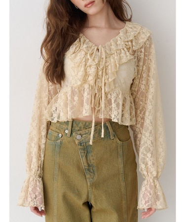 フロントリボンレースクロップドシャツ