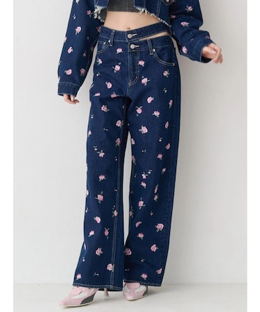 Embroideryカットアウトワイドデニムパンツ【セットアップ着用可能】