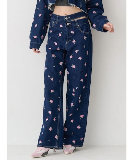 Embroideryカットアウトワイドデニムパンツ【セットアップ着用可能】