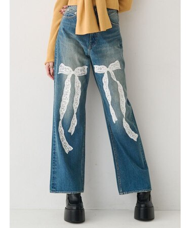リボンレースワイドデニムパンツ