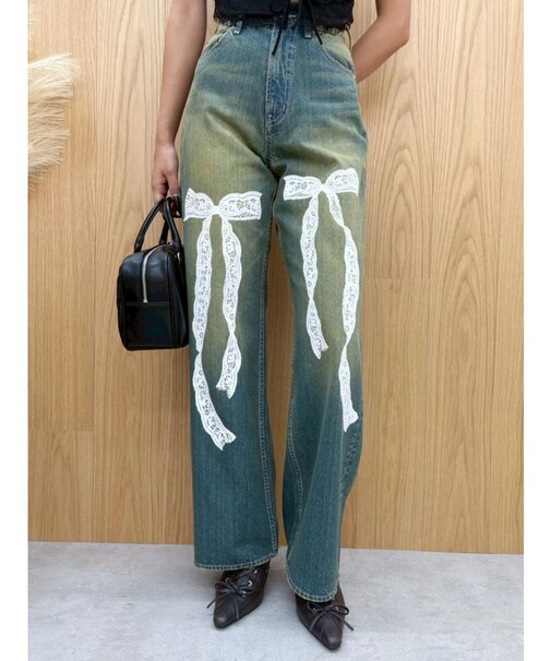 リボンレースワイドデニムパンツ