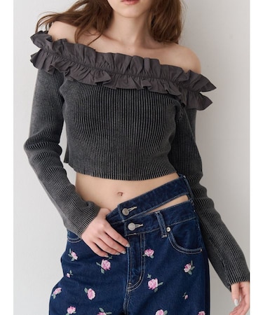 フリルピグメントニットトップス