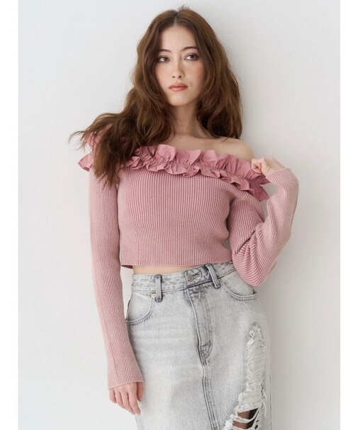 フリルピグメントニットトップス