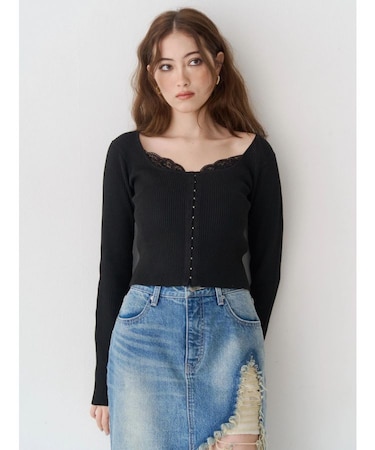 フロントホックレースドッキングニットトップス