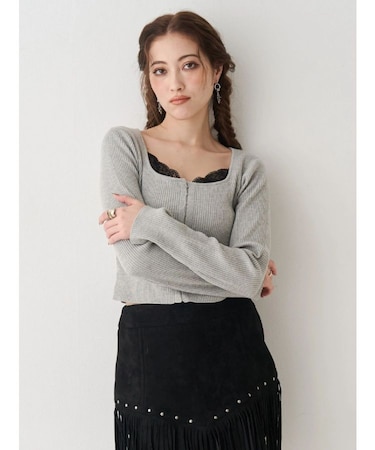 フロントホックレースドッキングニットトップス