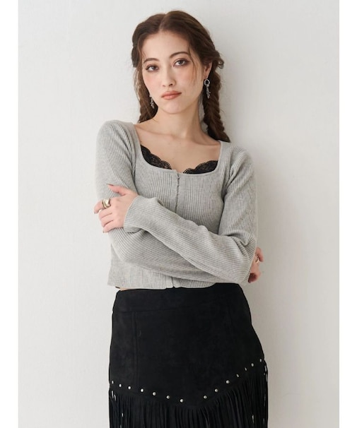 フロントホックレースドッキングニットトップス