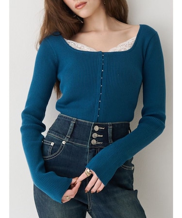フロントホックレースドッキングニットトップス
