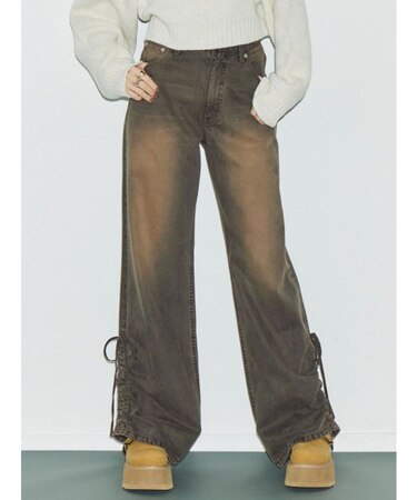 サイドギャザーリボンセミワイドデニムパンツ