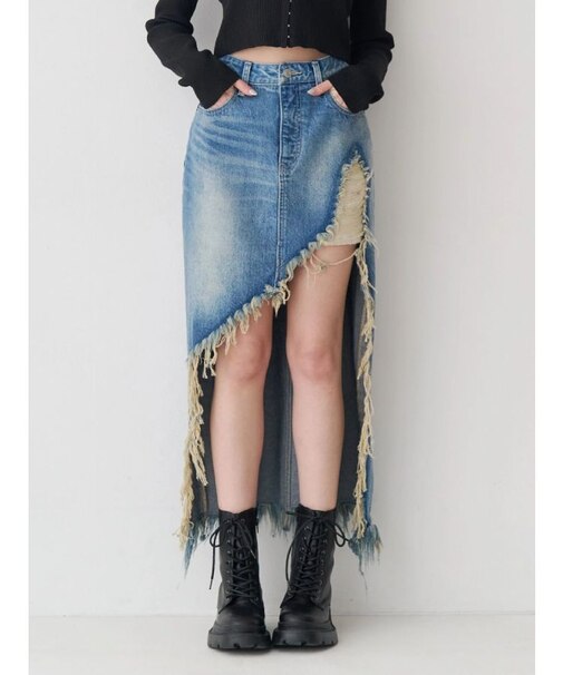 ダメージスリットロングデニムスカート【セットアップ着用可能】