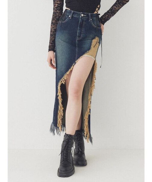 ダメージスリットロングデニムスカート【セットアップ着用可能】