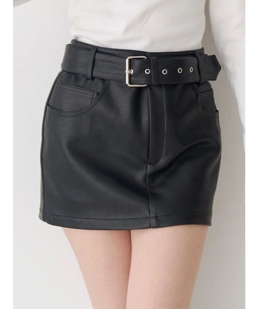 ハイウエストフェイクレザーベルトミニスカート【セットアップ着用可能】