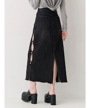 サイドビジューカットロングデニムスカート