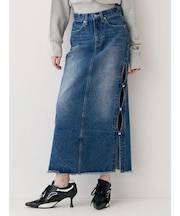 サイドビジューカットロングデニムスカート