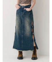サイドビジューカットロングデニムスカート