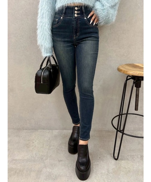 ワイドベルトハイウエストスキニーデニムパンツ