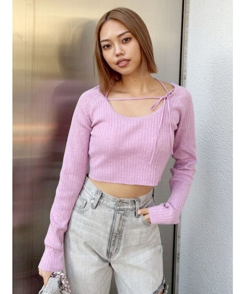 ストラップデザインリブニットトップス