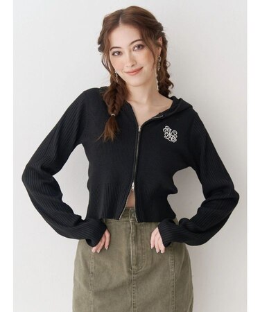 ワンポイントジップアップニットフーディー