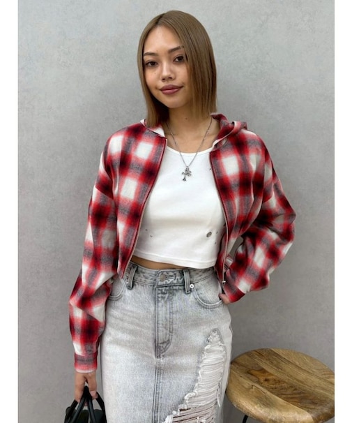 フードチェックショートシャツ