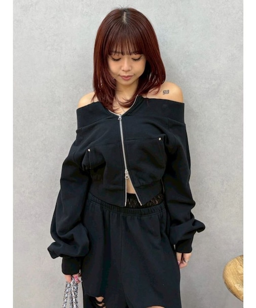 フロントジップオフショルスウェットトップス【セットアップ着用可能】