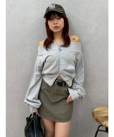 フロントジップオフショルスウェットトップス【セットアップ着用可能】