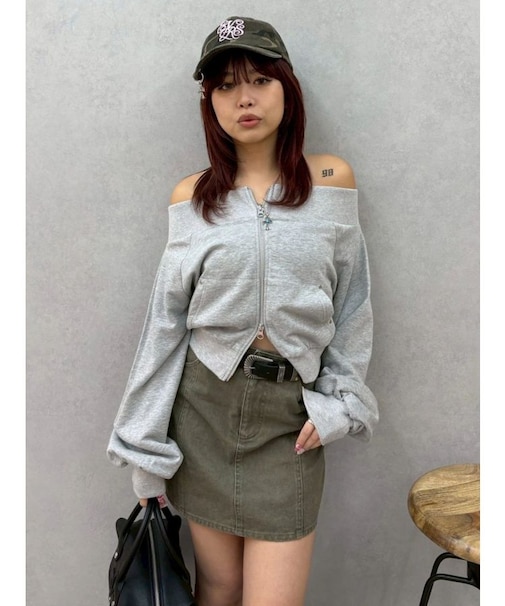 フロントジップオフショルスウェットトップス【セットアップ着用可能】