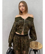 フロントジップオフショルスウェットトップス【セットアップ着用可能】