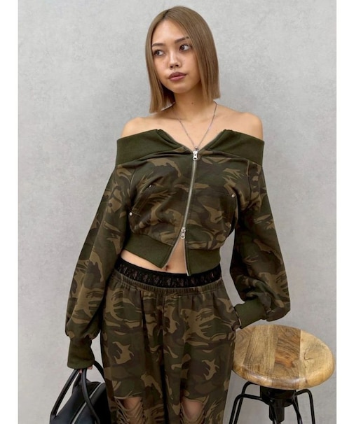 フロントジップオフショルスウェットトップス【セットアップ着用可能】