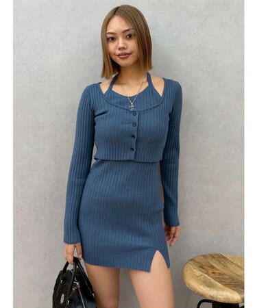 レイヤードホルターネックミニワンピース