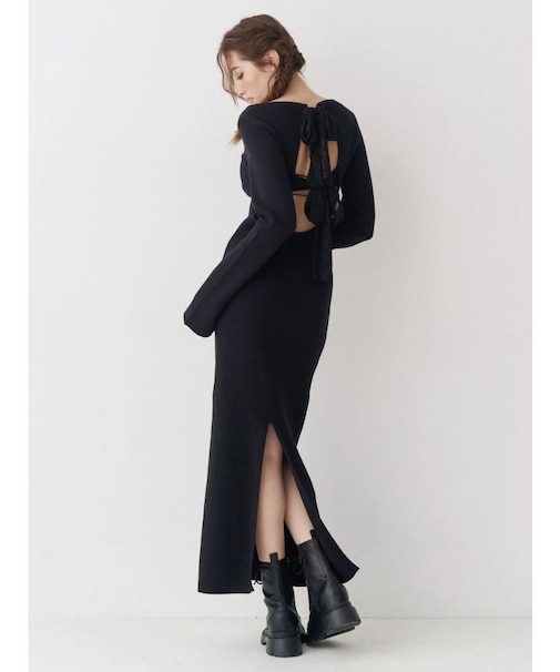 バックリボンロングニットワンピース