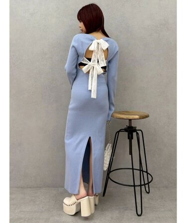 バックリボンロングニットワンピース