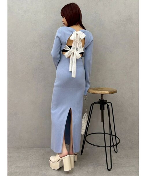 バックリボンロングニットワンピース