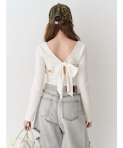 バックリボンスクエアネックリブトップス