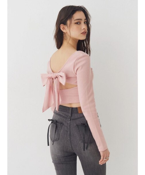 バックリボンスクエアネックリブトップス