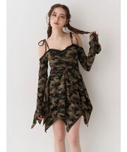 オープンショルダーレースドッキングミニワンピース