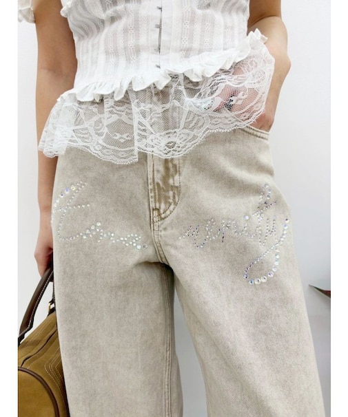 ラインストーンワイドデニムパンツ