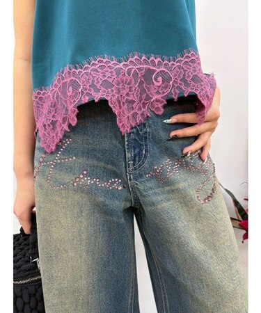 ラインストーンワイドデニムパンツ