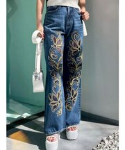 エンブロイダリーカッティングワイドデニムパンツ