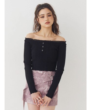 レーストリミングオフショルニットトップス