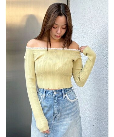 レーストリミングオフショルニットトップス